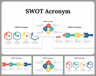 Slides displaying the SWOT acronym with different colorful layout designs and icons with detailed explanations.