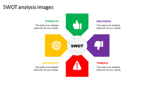 SWOT analysis PowerPoint slide with colorful sections for Strengths, Weaknesses, Opportunities, and Threats.