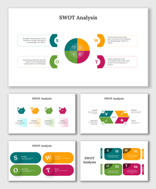 Pack of slides featuring SWOT analysis with diverse layouts of circular, hexagon, pentagon in green, blue, orange, and red.