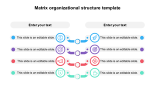Four colored rows with circular connectors and icons in blue, purple, red, and green, arranged in a matrix layout.