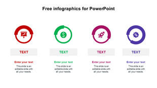 Color coded infographic with red, green, magenta, and purple circular icons aligned horizontally with placeholder text areas.