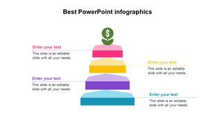 Layered pyramid infographic with five colorful 3D blocks and a green dollar plant icon at the top, each linked to text.