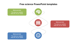 Science PowerPoint slide with colorful icons representing nature, biology, and chemistry in green, red, blue, and purple.