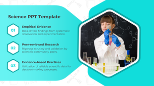 Science template showing research steps beside a girl in gloves and lab coat analyzing test tubes in a hexagonal frame.