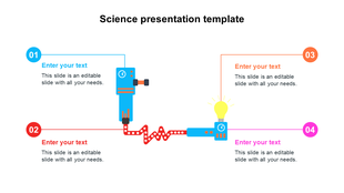 Science presentation template featuring colorful icons representing technology, energy, and innovation with numbered steps.