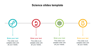 Science themed layout with four icons in teal, red, green, and yellow circles representing DNA, lab tools, and research. 