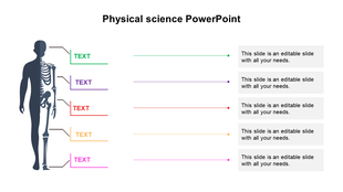 A physical science PowerPoint slide showing a human skeleton with colorful lines for text next to each section.