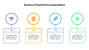 Science design slide with four circular icons heart, medical kit, rocket, atom above text boxes in matching colors. 