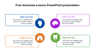 Science themed layout featuring four text boxes in blue, purple, orange, and green, with circular icons.