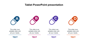 Four pill shaped icons in blue, pink, purple, and orange arranged horizontally with space for text below.