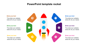 Rocket infographic with six colorful text boxes featuring icons and placeholders arranged in a circular layout.