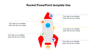Rocket diagram with colorful icons for document, chat, lightbulb, launch, and trophy connected to horizontal text boxes. 