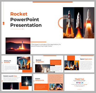 Rocket-themed with slide deck for history, components, launch sites, and exploration, using orange and white accents.