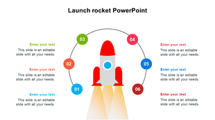 Rocket launch infographic showing six sequential steps in a circular arrangement, each with caption areas.