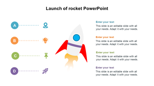 Rocket launch graphic in center with four colored labels A to D on left and matching icons with captions on the right side. 