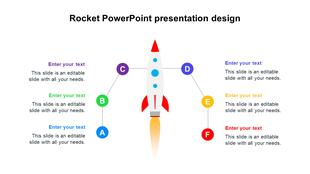Illustration of a red rocket with surrounding six colorful circles labeled A to F, for text, arranged symmetrically.