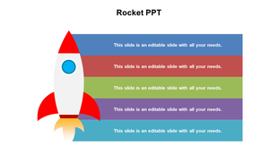 Vertical rocket graphic on left side with five horizontal colored rows containing text placeholders areas to the right. 