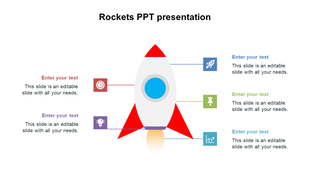 Rocket graphic in the center with colored icons for placeholders text areas on both sides placed in a white background.