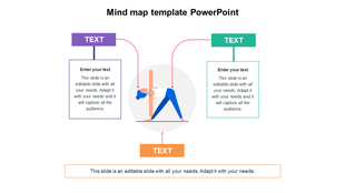 Mind map diagram PowerPoint slide with two sections surrounding an illustration of a person exercising on a white backdrop.