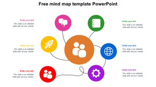 Radial mind map template featuring six circular icons linked to a central user icon, each with placeholder text.