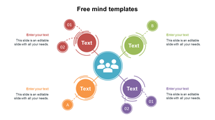 Modern infographic mind map layout with a central user icon linked to five colorful idea bubbles and  labeled subnodes.