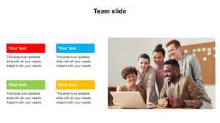 Team collaboration image on the right and four colored boxes labeled with text on the left side of the slide.