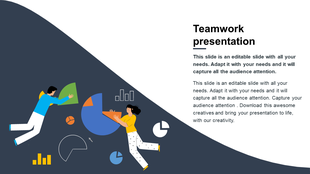 Teamwork slide with two floating characters assembling charts and graphs on a curved dark blue and white background.