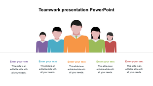 Team graphic with central figure in orange flanked by two males and two females, each with captions.