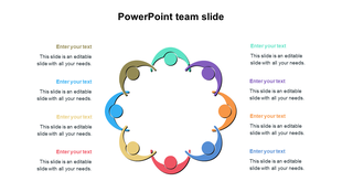 Team slide with eight stick figures in a circle, each figure connected to a matching caption area on left and right sides.