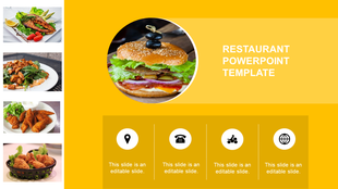 Restaurant slide with burger image in center, food photos on left, and yellow background with icons and text on the bottom.