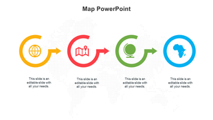 Four circular arrows in yellow, red, green, and blue, each containing travel icons, on a dotted world map backdrop.