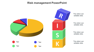 Risk management slide with a colorful pie chart and stacked RISK blocks in blue, red, green, and yellow.