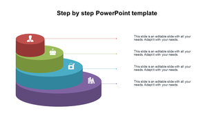 Slide showing four stacked circular steps in purple, blue, green, and red, each linked to a corresponding text box.