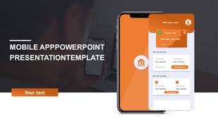 Mobile banking app mockup on a smartphone screen with orange and white UI elements, including a credit card.