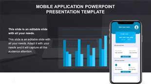 Mobile app template featuring a blue banking UI mockup on a smartphone with editable form fields and credit card display.