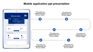 Tablet graphic on the left with a blue user interface and six circular icons connected by lines forming a flow on the right.