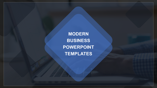 Business themed title slide featuring a geometric blue design over a laptop workspace in a layered blue diamond shape.