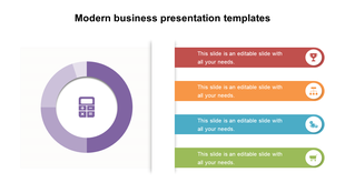 Slide with a purple donut chart on the left and four rounded rectangular labels with icons in red, orange, blue, and green.