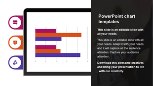 Tablet showing a horizontal bar chart with red, orange, and purple bars, with icons and text on a right dark panel.