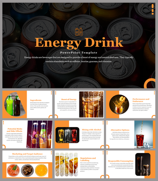 Energy drink slide deck featuring orange accents, drink images, beverage cans, and text sections, on a dark background.