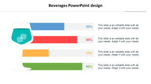 Beverages PowerPoint design slide with colorful bar graphs showing percentage data along with an illustration of a glass.
