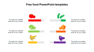  A layout featuring food icons from tomatoes to eggplants each paired with color-coded bars and caption areas.