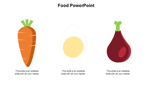 Three flat food illustrations of a carrot, boiled egg, and a beetroot, with captions below, on a white background.