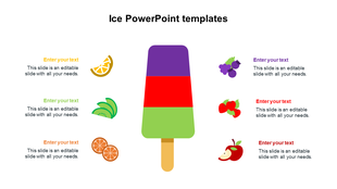 Ice themed PowerPoint template with colorful fruit illustrations and placeholder text.