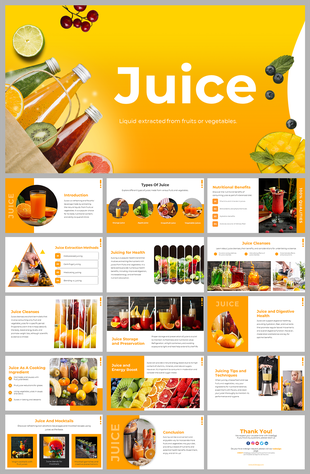 Juice themed presentation showcasing various slides on types of juice, health benefits, extraction techniques, and recipes.
