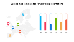 Europe map with six colored location pins on the left and matching vertical bar charts with placeholder text on the right.