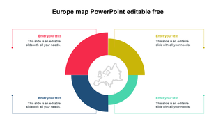 Europe map PowerPoint template with colorful circular sections and space for custom text on a white backdrop.