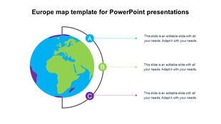 Europe map PowerPoint template with a globe connected to three sections and text areas on a white backdrop.
