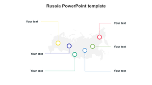 Russia map template in gray with seven color-coded dots linked to text areas around the map by thin lines.