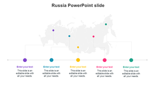 Russia map with five colored dots linked to labeled sections below for text in purple, blue, yellow, pink, and green.